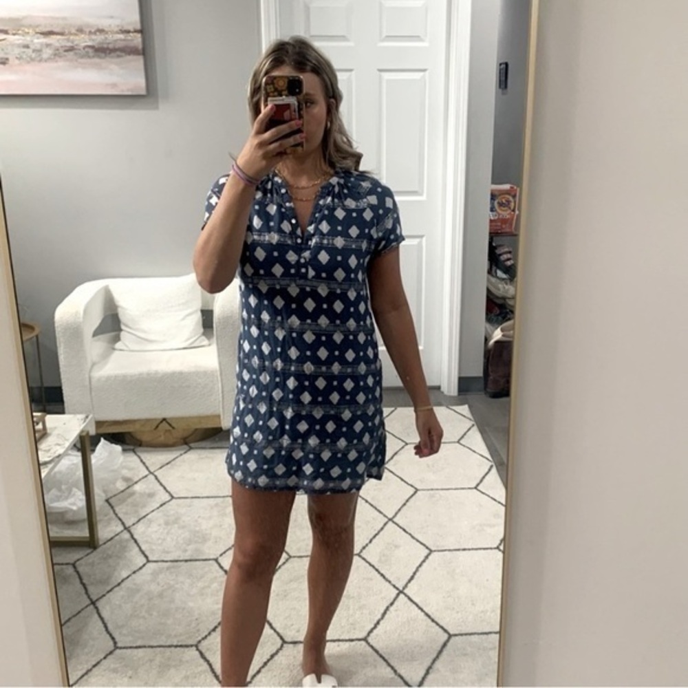 ✅ Oliphant Dress Mini Shift Short Sleeve Quarter Button Down Blue Silver Diamond